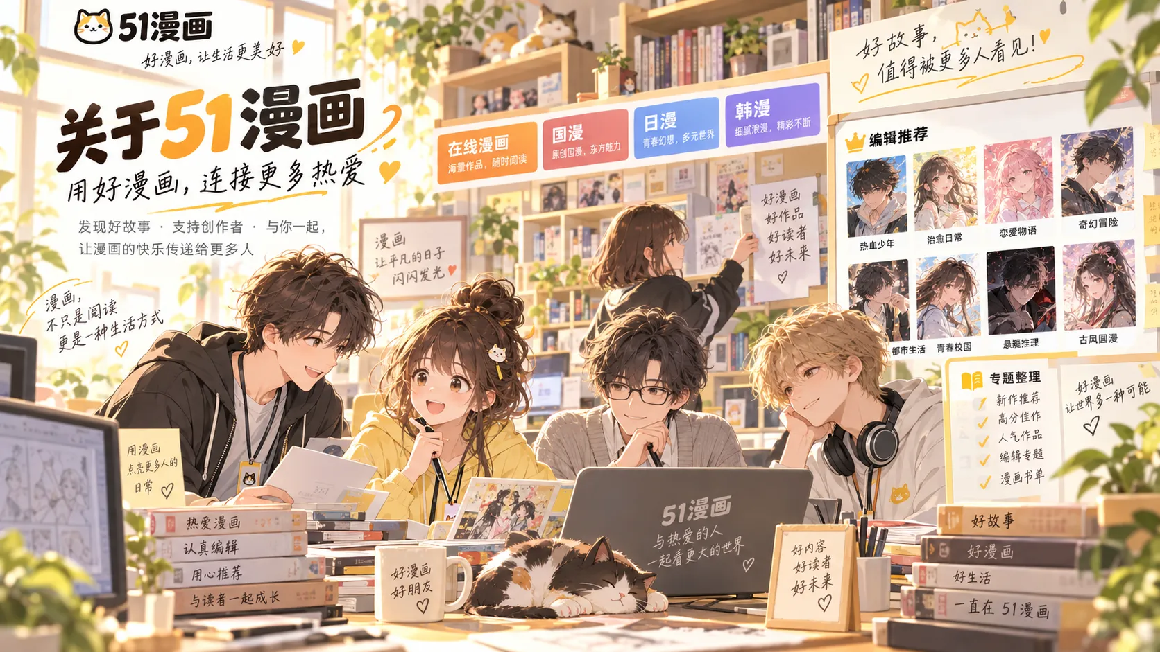 暖街食记封面，51漫画漫画编辑与产品团队场景