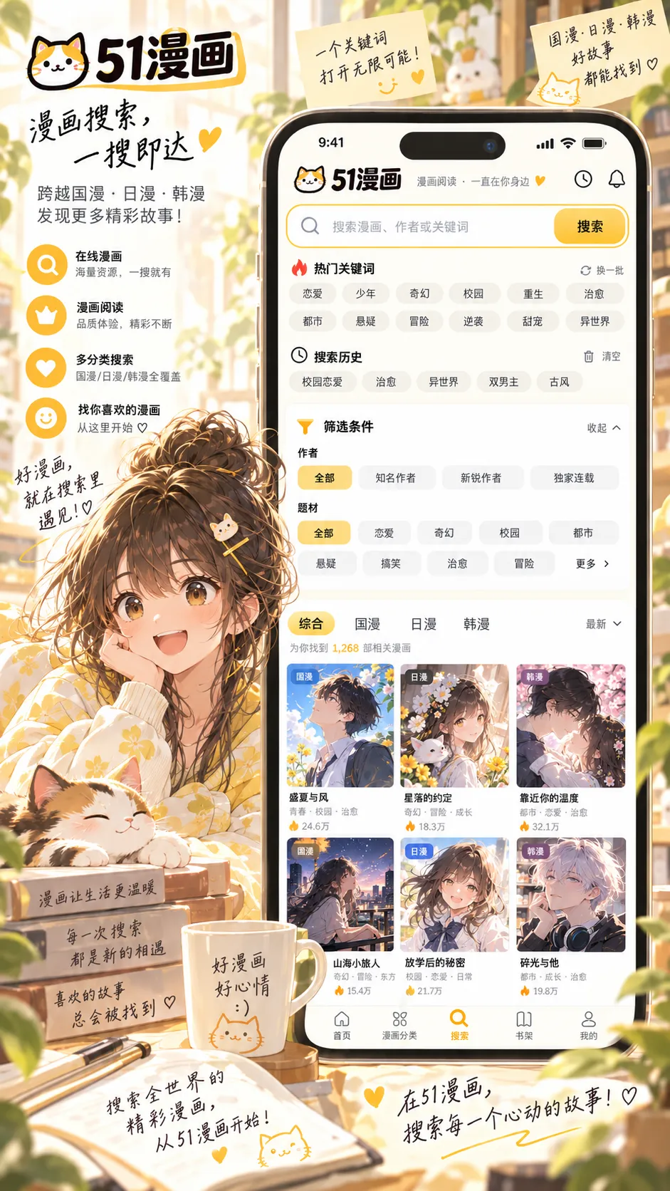 第二封邮件封面，51漫画 APP 跨分类搜索界面