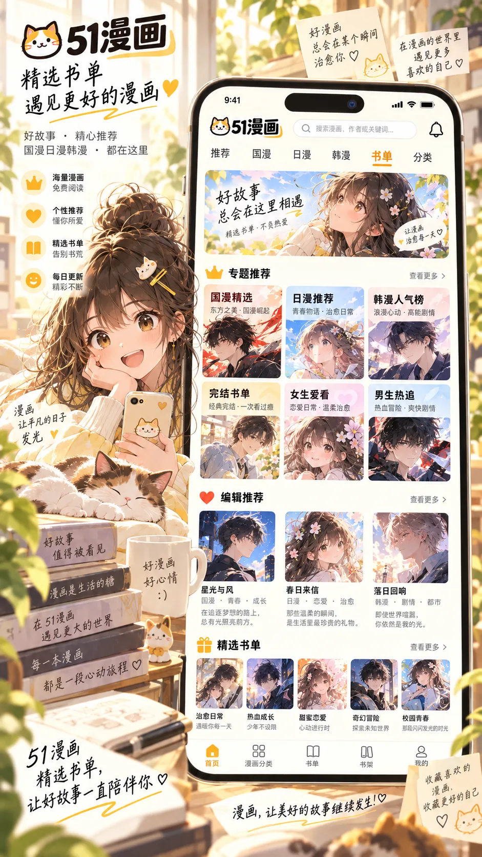 玻璃花园封面，51漫画 APP 漫画专题与书单界面