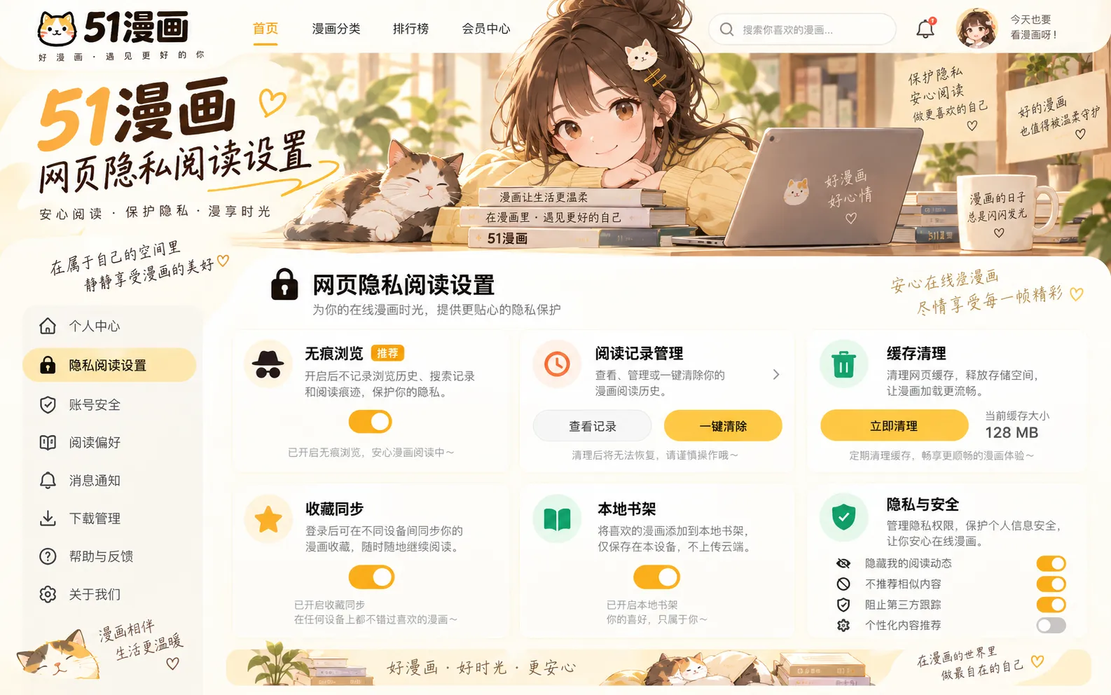 漫画阅读工具隐私与本地记录设置界面