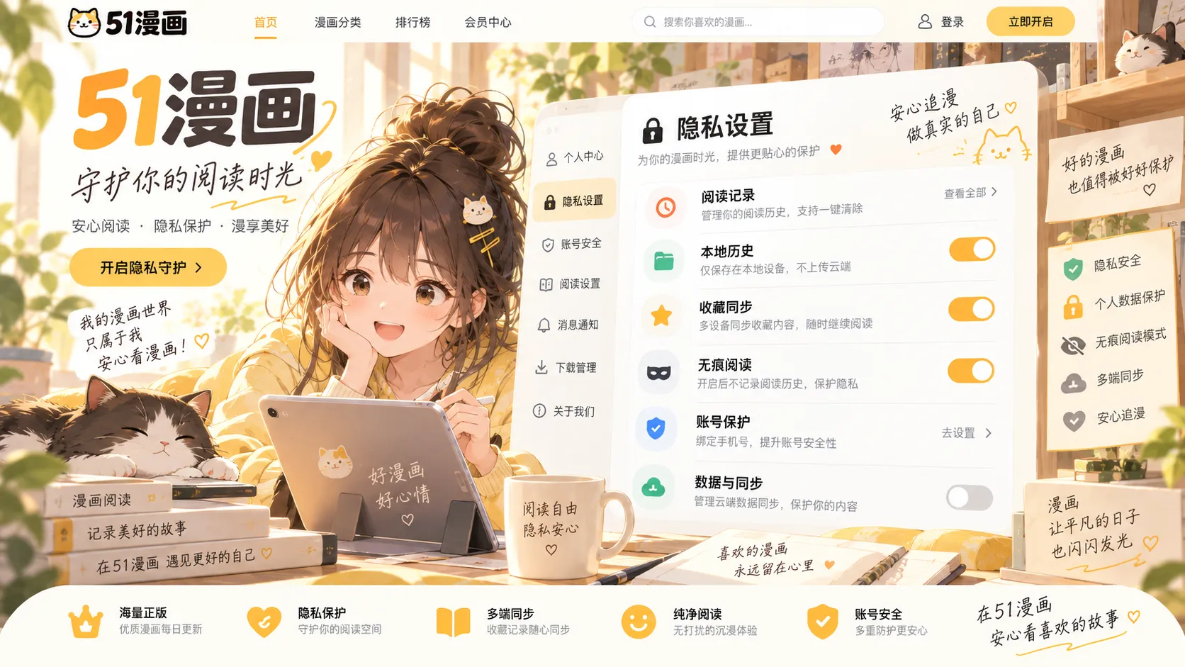 窗边的蓝杯封面，51漫画阅读记录与隐私设置
